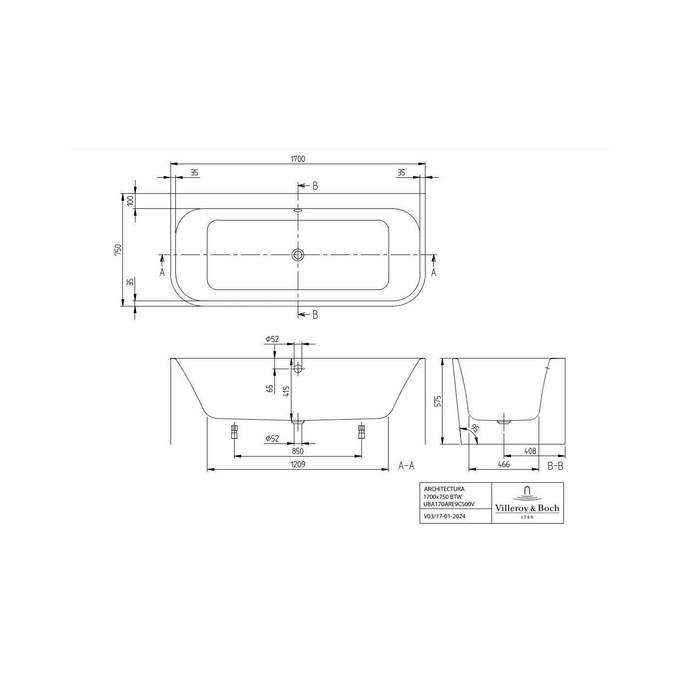 Wanna Wolnostojąca Przyścienna Architectura 170x75 UBA170ARE9CS00V 01 Villeroy&Boch Wanna Wolnostojąca Przyścienna Architectura 170x75 UBA170ARE9CS00V 01 Villeroy&Boch