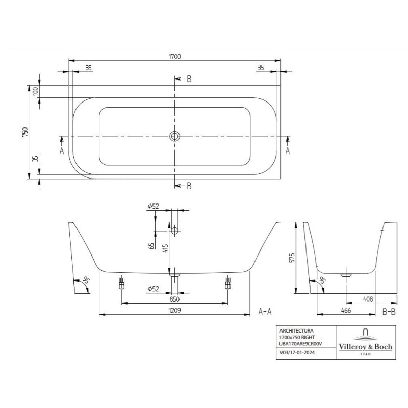 Wanna Wolnostojąca Przyścienna Narożna Prawa Architectura 170x75 UBA170ARE9CR00V-01 Villeroy&Boch Wanna Wolnostojąca Przyścienna Narożna Prawa Architectura 170x75 UBA170ARE9CR00V-01 Villeroy&Boch