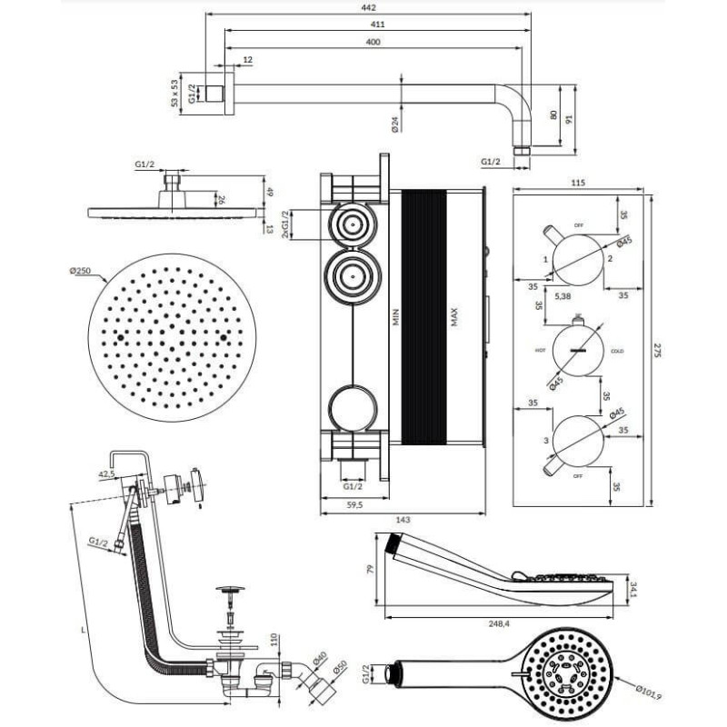 Termostatyczny System Wannowy Podtynkowy Y Chrom SYSYS01XCR Omnires Termostatyczny System Wannowy Podtynkowy Y Chrom SYSYS01XCR Omnires