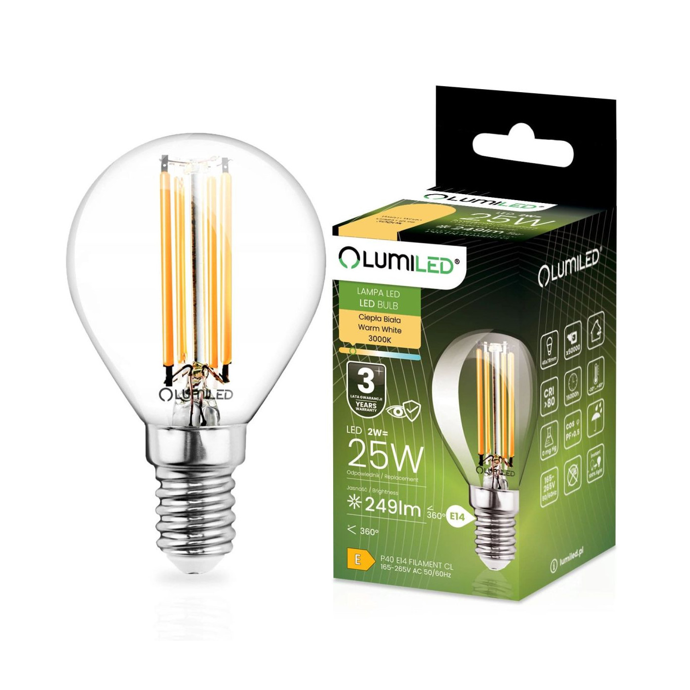 Żarówka LED E14 Kulka P45 2W 249lm 3000K Ciepła 360° Lumiled Żarówka LED E14 Kulka P45 2W 249lm 3000K Ciepła 360° Lumiled