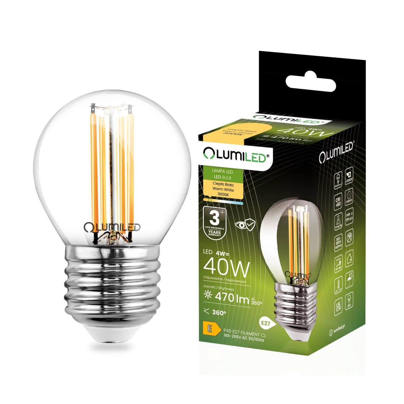 Żarówka LED E27 Kulka P45 4W 470lm 3000K Ciepła 360° Lumiled Żarówka LED E27 Kulka P45 4W 470lm 3000K Ciepła 360° Lumiled