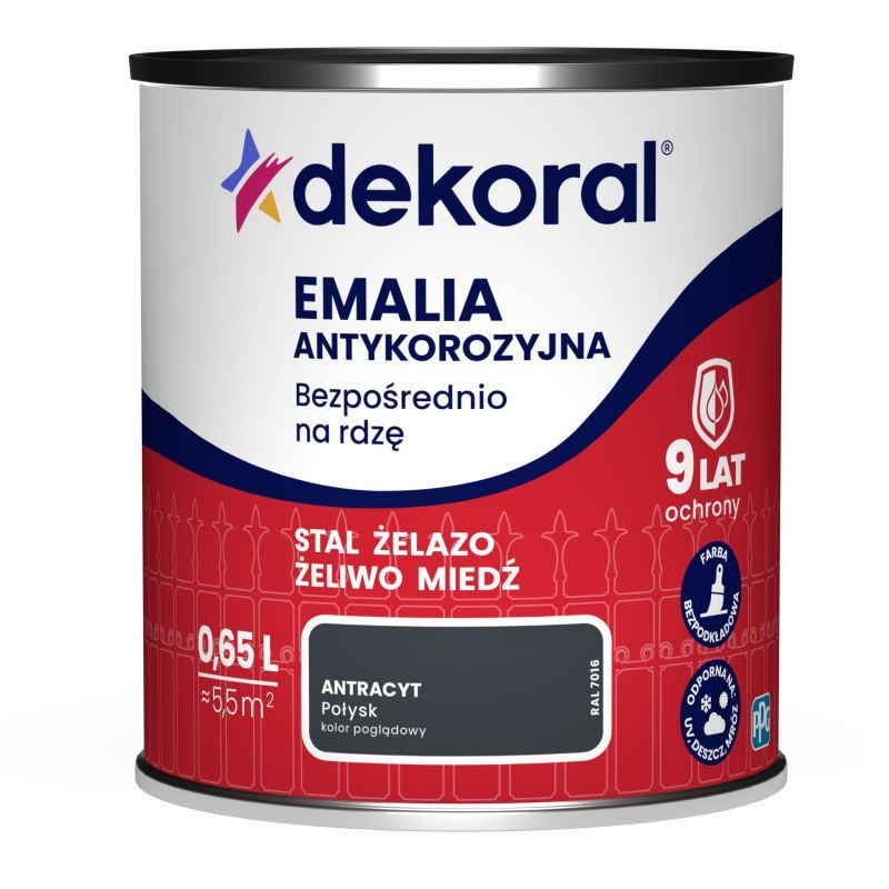Emalia Antykorozyjna Antracyt Połysk 0.65L RAL 7016 Dekoral Emalia Antykorozyjna Antracyt Połysk 0.65L RAL 7016 Dekoral