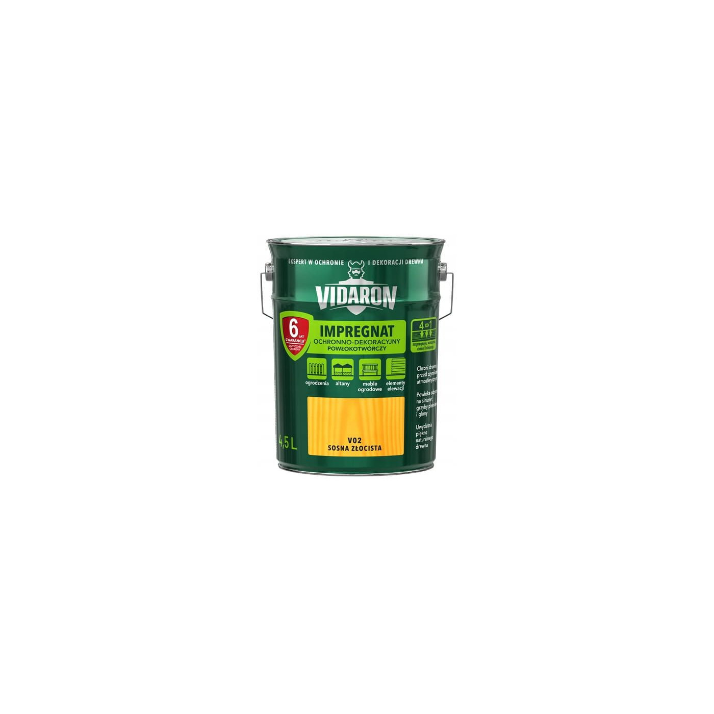 Impregnat Ochronno-Dekoracyjny Powłokotwórczy V02 Sosna Złocista 4,5L Vidaron Impregnat Ochronno-Dekoracyjny Powłokotwórczy V02 Sosna Złocista 4,5L Vidaron