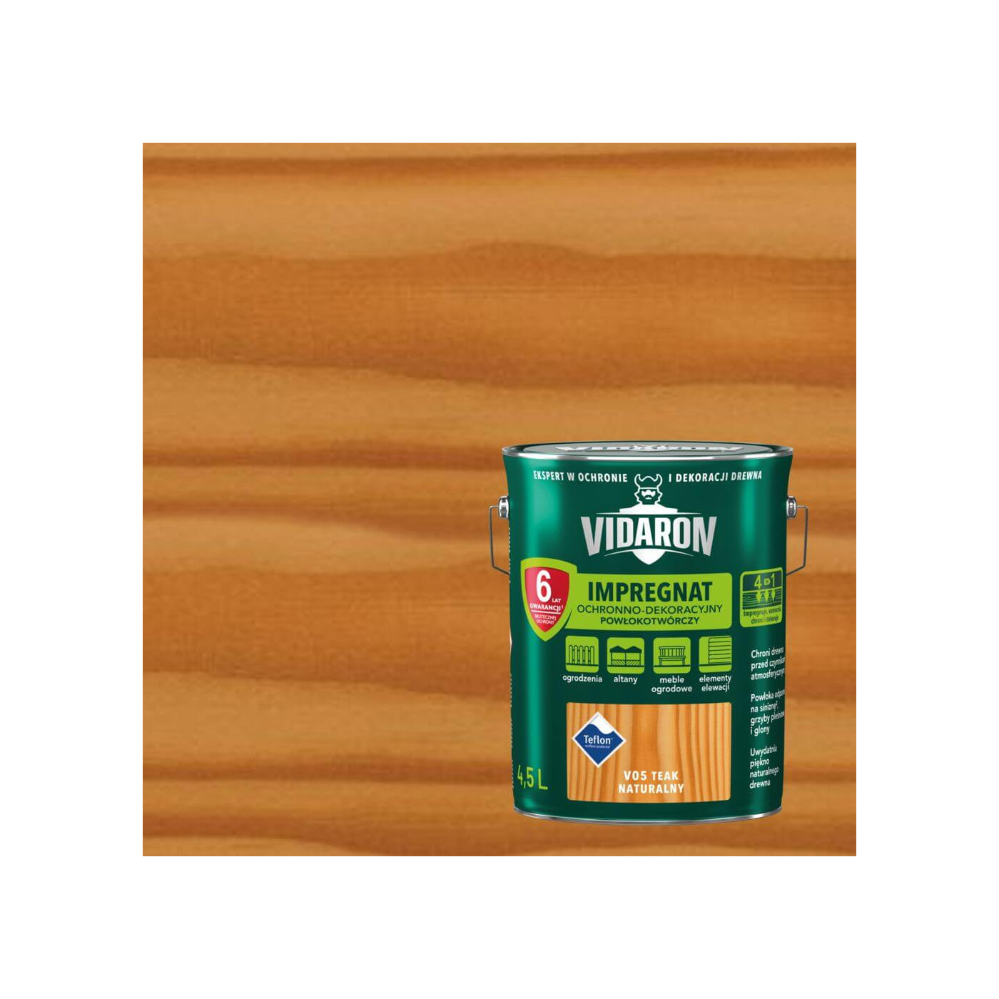 Impregnat Ochronno-Dekoracyjny Powłokotwórczy V05 Teak Naturalny 4,5L Vidaron Impregnat Ochronno-Dekoracyjny Powłokotwórczy V05 Teak Naturalny 4,5L Vidaron