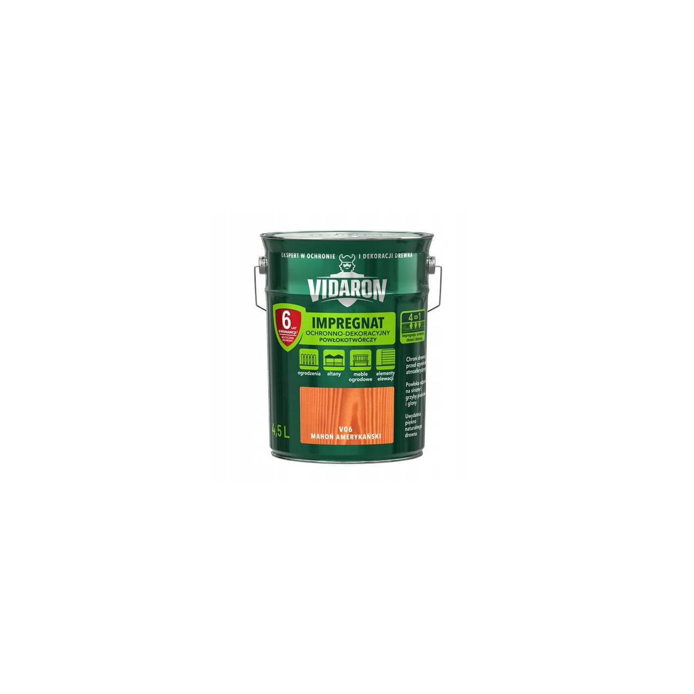Impregnat Ochronno-Dekoracyjny Powłokotwórczy V06 Mahoń Amerykański 4,5L Vidaron Impregnat Ochronno-Dekoracyjny Powłokotwórczy V06 Mahoń Amerykański 4,5L Vidaron