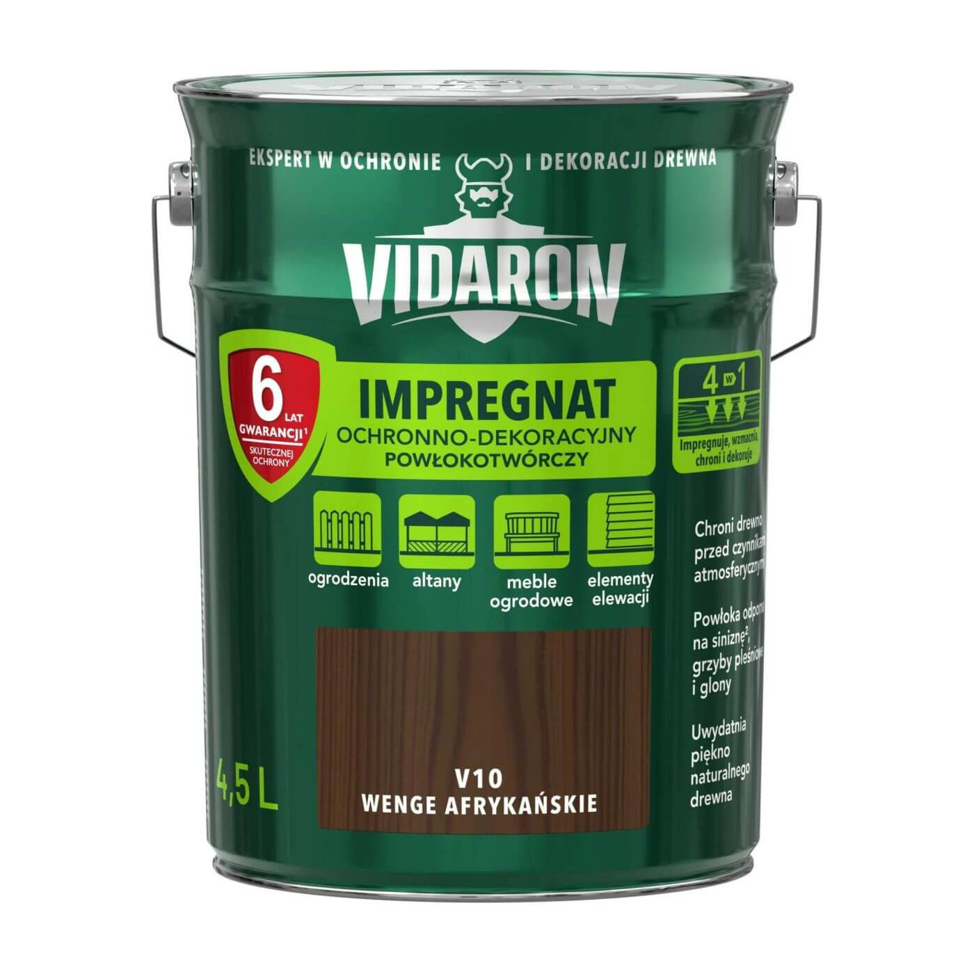 Impregnat Ochronno-Dekoracyjny Powłokotwórczy V10 Wenge Afrykańskie 4,5L Vidaron Impregnat Ochronno-Dekoracyjny Powłokotwórczy V10 Wenge Afrykańskie 4,5L Vidaron