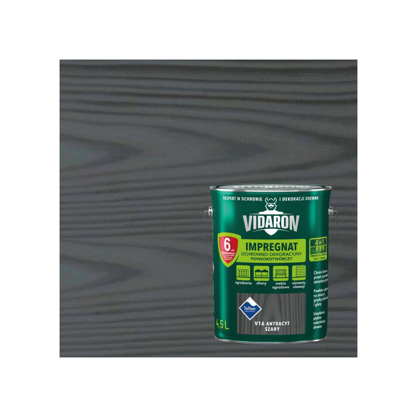 Impregnat Ochronno-Dekoracyjny Powłokotwórczy V16 Antracyt Szary 4,5L Vidaron Impregnat Ochronno-Dekoracyjny Powłokotwórczy V16 Antracyt Szary 4,5L Vidaron