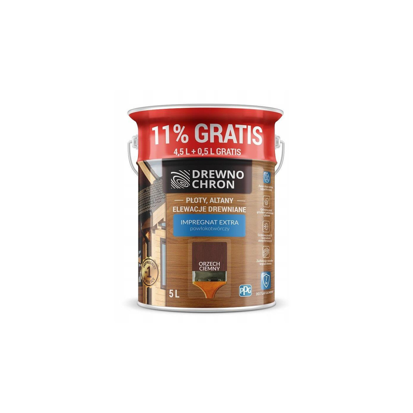 Impregnat Extra Powłokotwórczy Orzech Ciemny 4,5L+11% Drewnochron Impregnat Extra Powłokotwórczy Orzech Ciemny 4,5L+11% Drewnochron