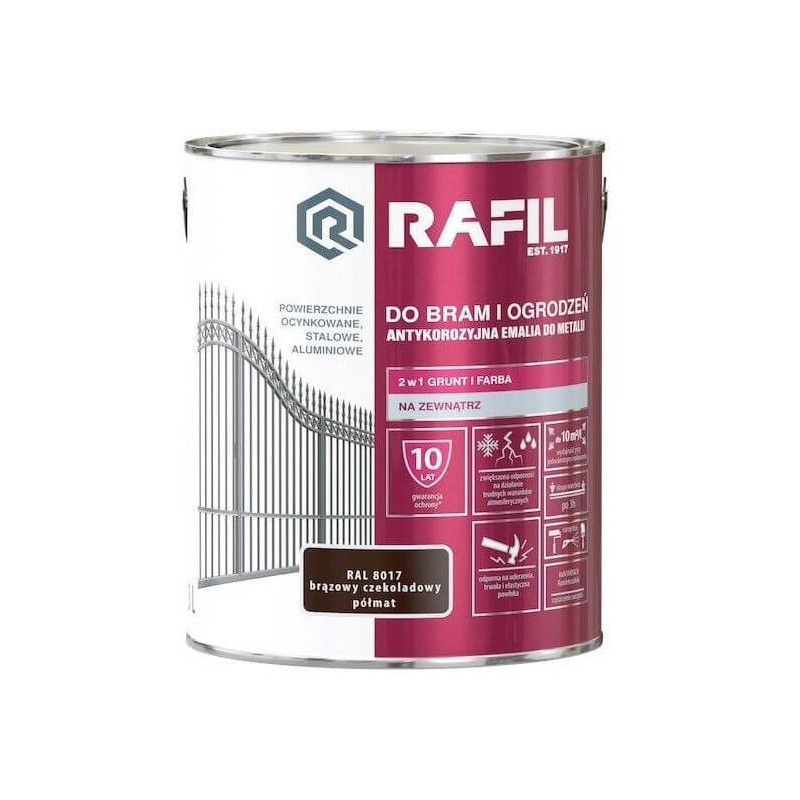 Farba Do Bram i Ogrodzeń Rafil Brąz Czekoladowy Półmat 3L RAL 8017 Rafil Farba Do Bram i Ogrodzeń Rafil Brąz Czekoladowy Półmat 3L RAL 8017 Rafil