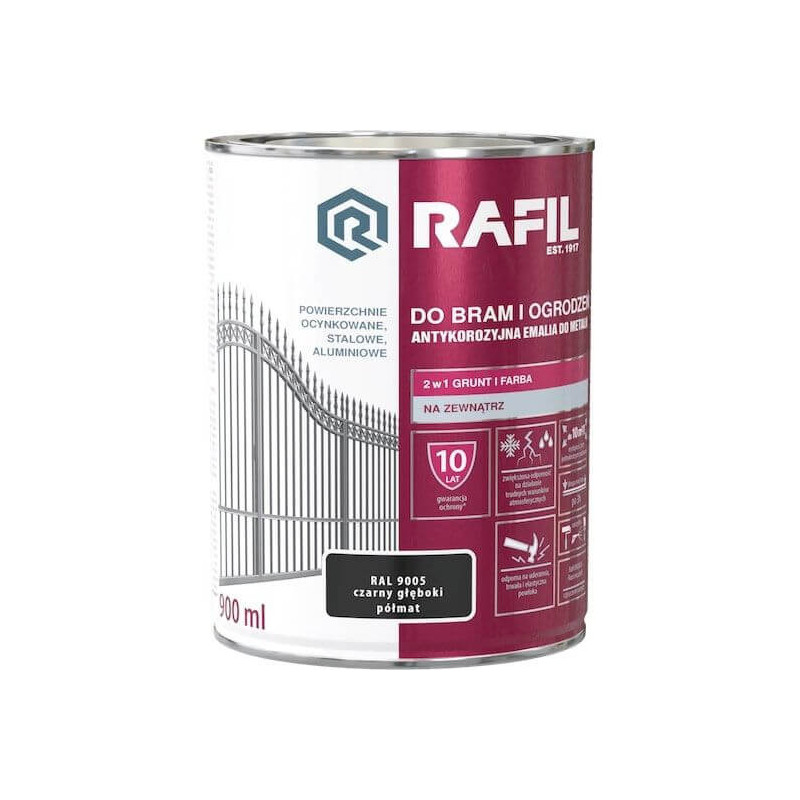 Farba Do Bram i Ogrodzeń Rafil Czarny Półmat 0.9L RAL 9005 Rafil Farba Do Bram i Ogrodzeń Rafil Czarny Półmat 0.9L RAL 9005 Rafil