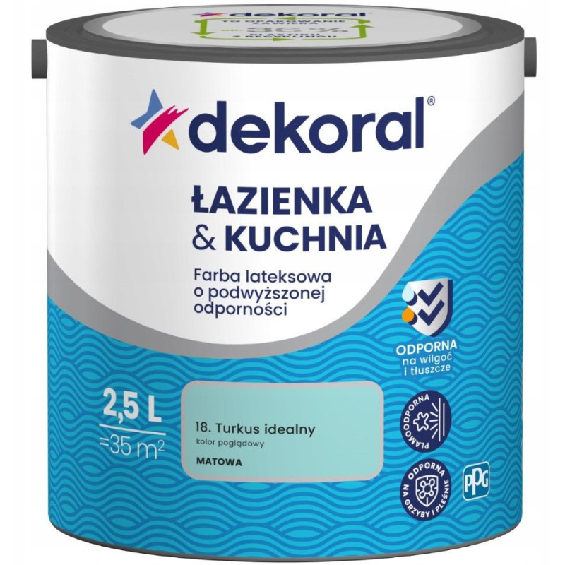 Farba Lateksowa Łazienka&Kuchnia Turkus Idealny 2,5L Dekoral Farba Lateksowa Łazienka&Kuchnia Turkus Idealny 2,5L Dekoral