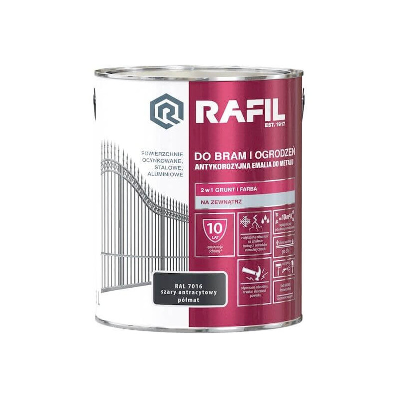 Antykorozyjna Emalia Do Bram i Ogrodzeń 3L Szary Półmat RAL 7016 Rafil Antykorozyjna Emalia Do Bram i Ogrodzeń 3L Szary Półmat RAL 7016 Rafil
