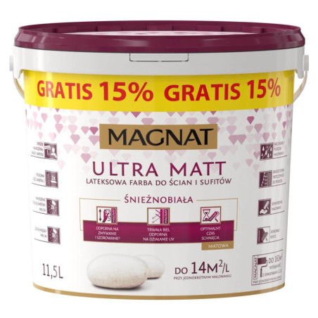 Farba Ultra Matt Do Ścian i Sufitów Biała 10L+15% Magnat