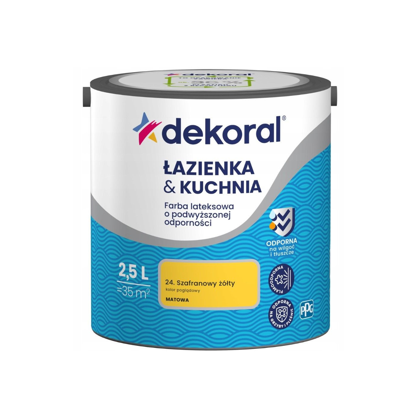 Farba Lateksowa Łazienka&Kuchnia Szafranowy Żółty 2,5L Dekoral Farba Lateksowa Łazienka&Kuchnia Szafranowy Żółty 2,5L Dekoral