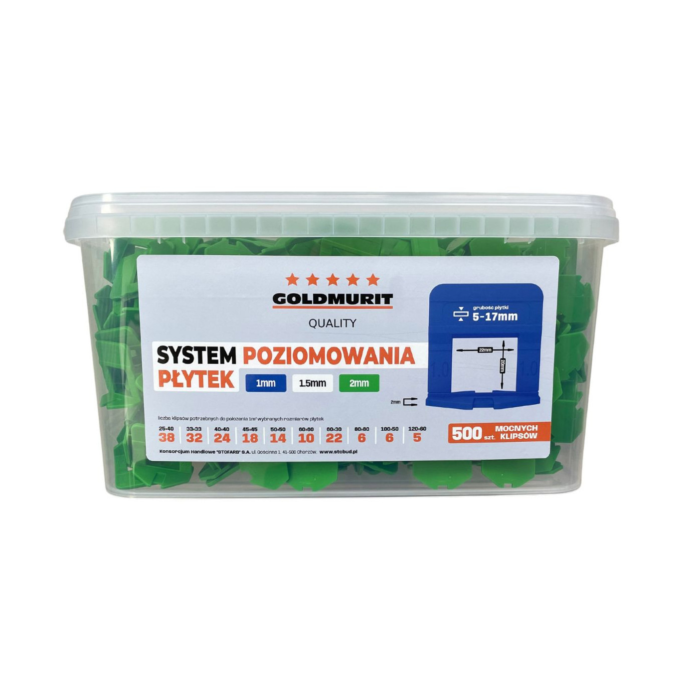 System Poziomowania Płytek Klipsy Rozmiar 2mm Zielone Opakowanie 500 sztuk Goldmurit System Poziomowania Płytek Klipsy Rozmiar 2mm Zielone Opakowanie 500 sztuk Goldmurit