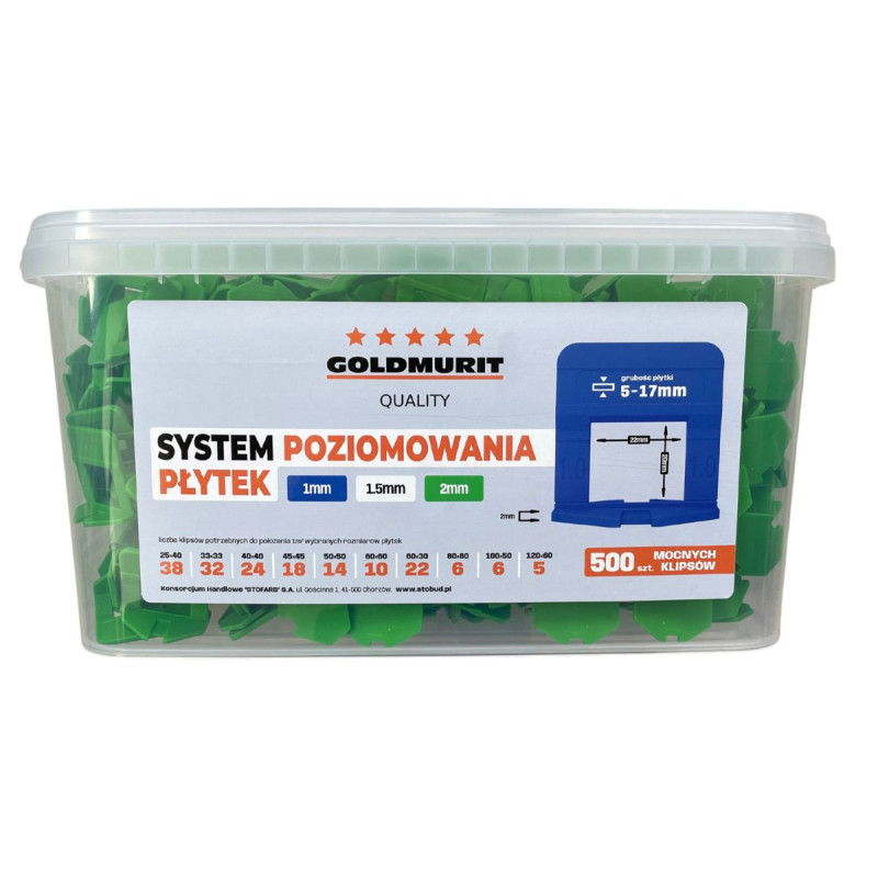 System Poziomowania Płytek Klipsy Rozmiar 2mm Zielone Opakowanie 500 sztuk Goldmurit System Poziomowania Płytek Klipsy Rozmiar 2mm Zielone Opakowanie 500 sztuk Goldmurit
