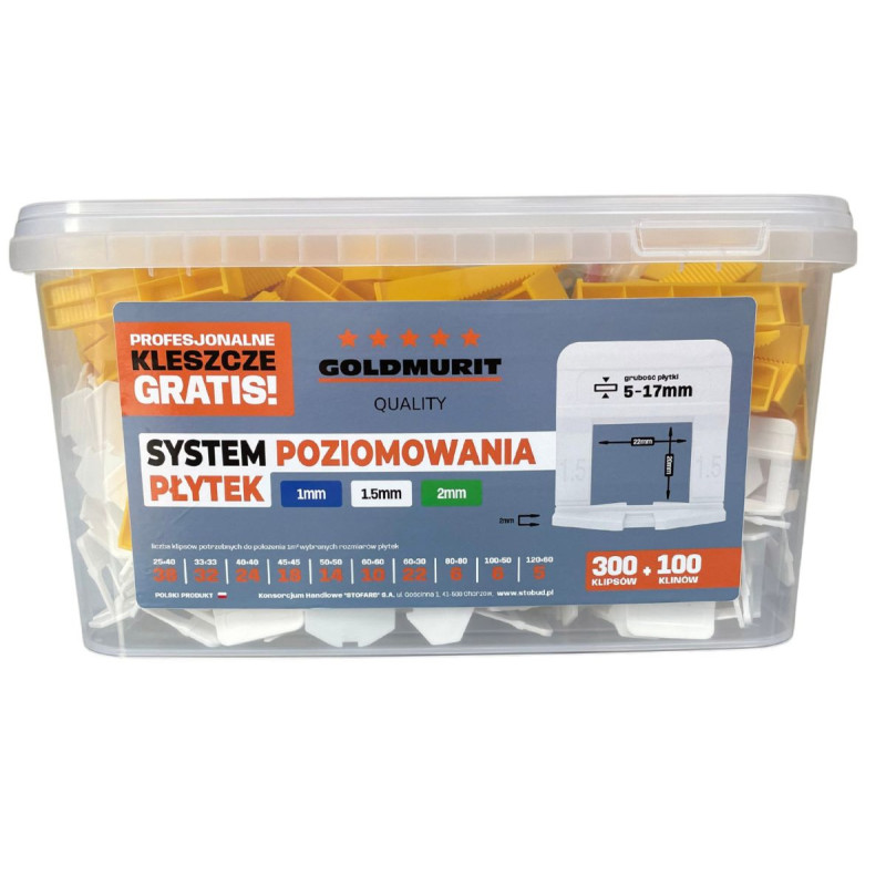 System Poziomowania Płytek Rozmiar 1,5mm Klipsy (300) Białe + Kliny (100)+ Kleszcze Goldmurit System Poziomowania Płytek Rozmiar 1,5mm Klipsy (300) Białe + Kliny (100)+ Kleszcze Goldmurit