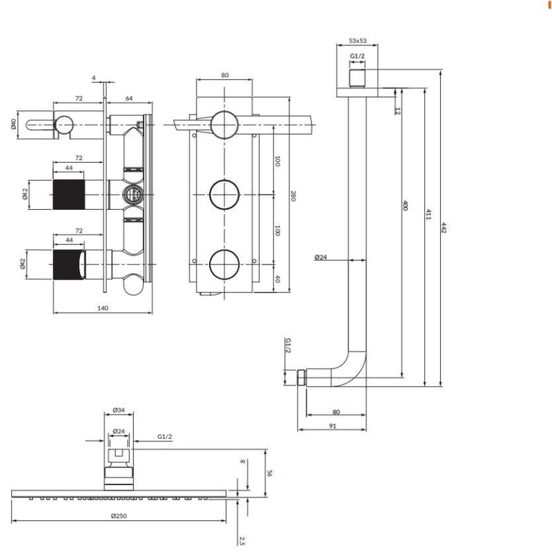 Zestaw Prysznicowy Contour Miedz Szczotkowana SYSCT10CPB Omnires Zestaw Prysznicowy Contour Miedz Szczotkowana SYSCT10CPB Omnires