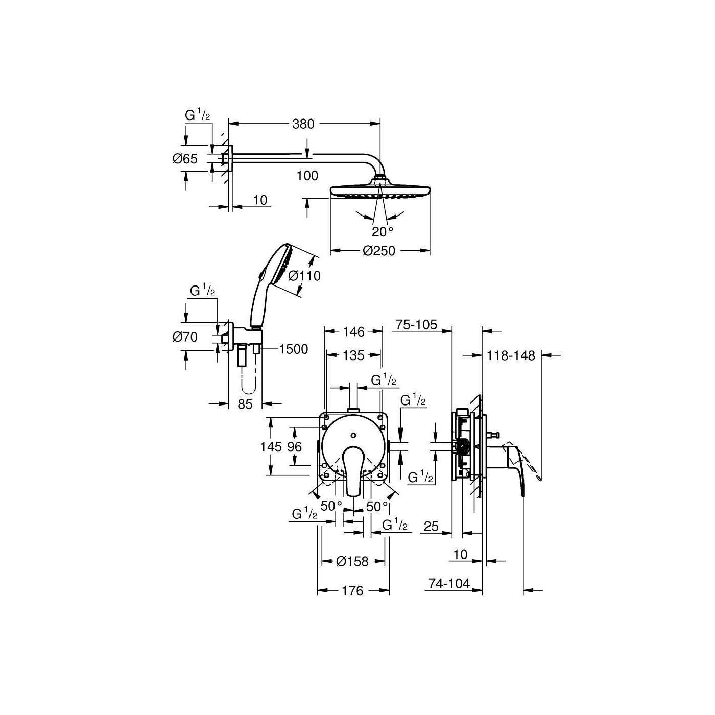 Zestaw Prysznicowy Eurosmart Podtynkowy Z Deszczownicą Tempesta 250 25288000 Grohe Zestaw Prysznicowy Eurosmart Podtynkowy Z Deszczownicą Tempesta 250 25288000 Grohe