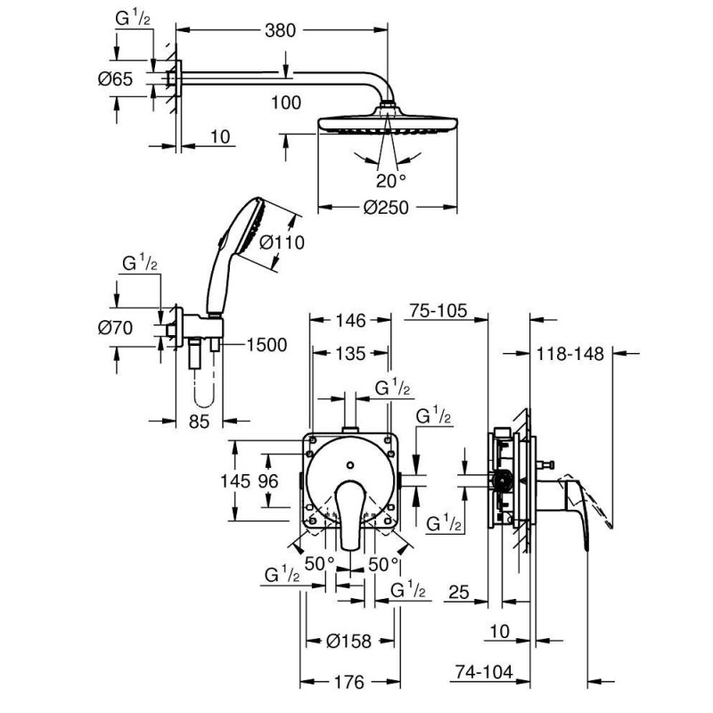 Zestaw Prysznicowy Eurosmart Podtynkowy Z Deszczownicą Tempesta 250 25288000 Grohe Zestaw Prysznicowy Eurosmart Podtynkowy Z Deszczownicą Tempesta 250 25288000 Grohe