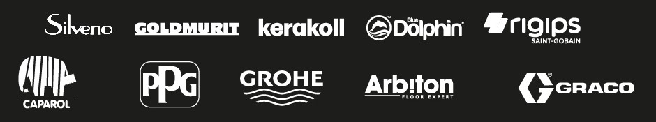 Logo partnerów: Silveno, Goldmurit, Kerakoll, Blue Dolphin, Rigips Saint-Gobain, Caparol, PPG, Grohe, Arbiton, Graco